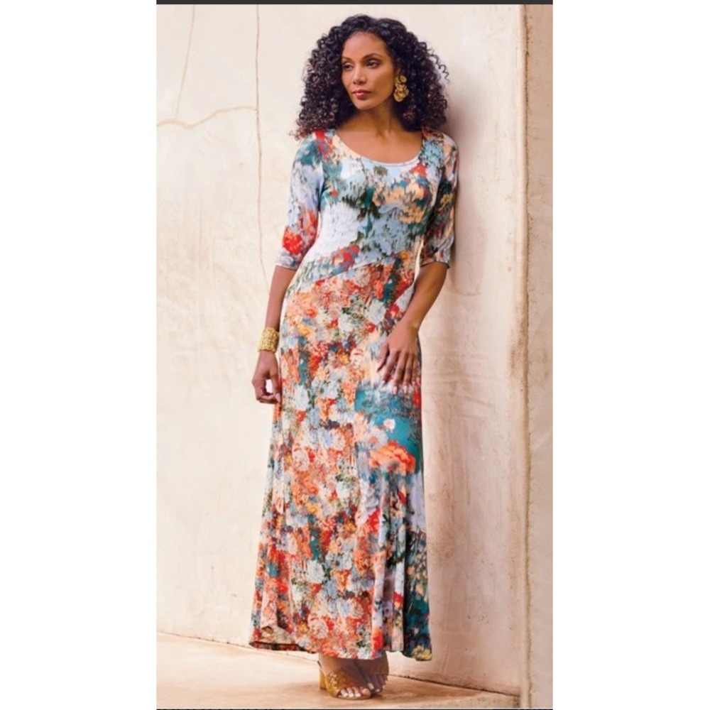 Soft Surroundings Nanette Maxi Jersey Dress XL Watercolor Floral Soft Stretchy